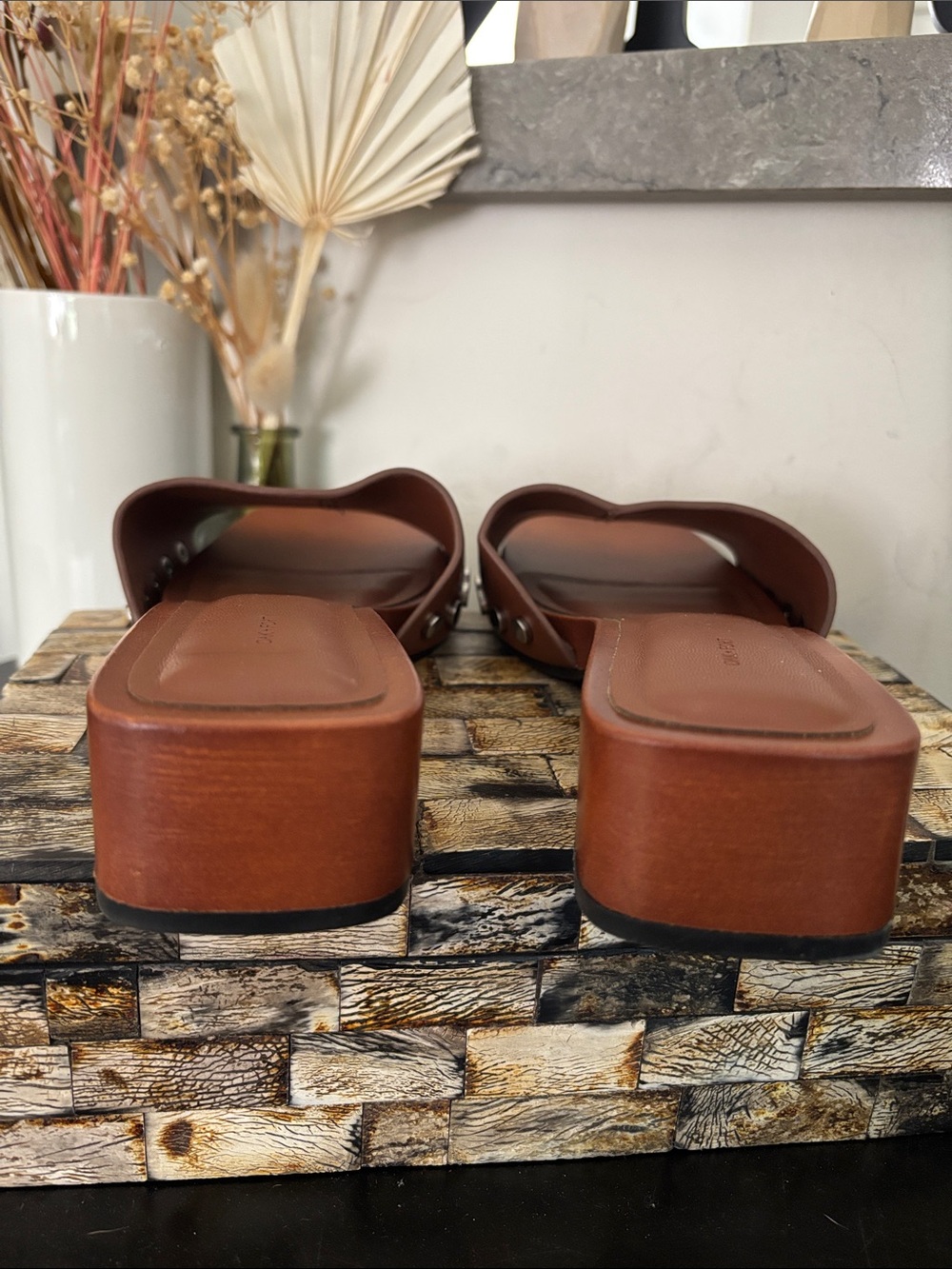 OAK + FORT (6) Square Toe Clog Wooden Mules Low Heel Metal Rivets Sandals Russet - Picture 11 of 16
